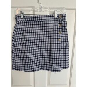 Hollister Plaid Mini Skirt‎ Women's M Blue Black White Button Accent High Rise